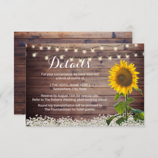 Rustic Sunfower String Lights Stall Wedding Detail Einladung (Vorne/Hinten)