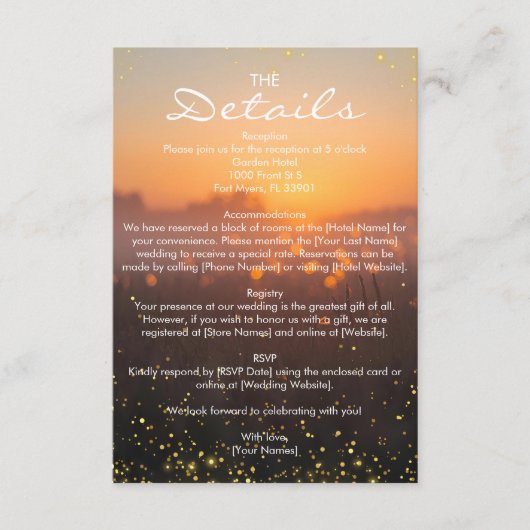 Rustic Sunset Nature Fireflies Wedding Details Begleitkarte (Vorderseite)