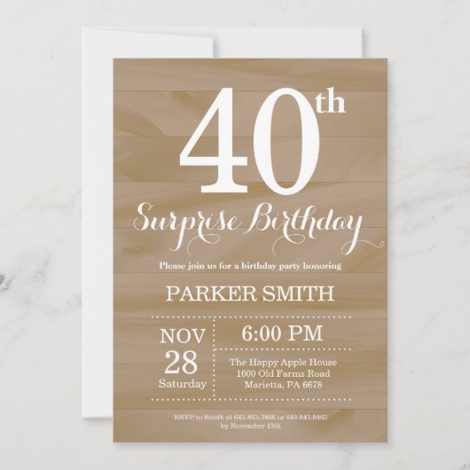 Rustic Surprise 40th Birthday Invitation Einladung (Vorderseite)
