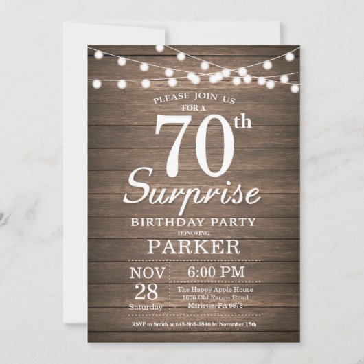 Rustic Surprise 70th Birthday Invitation Wood Einladung (Vorderseite)