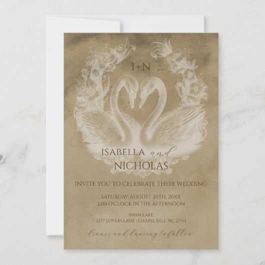 Rustic Swan Monogram Wedite Einladung (Vorderseite)
