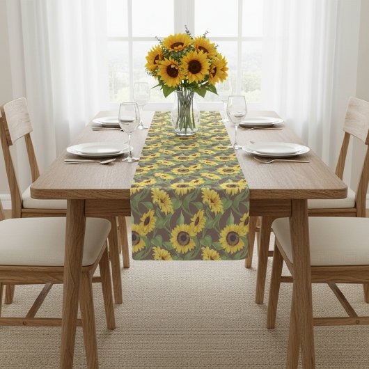 Rustic Table Runner with Sunflower Print, Brown Kurzer Tischläufer
