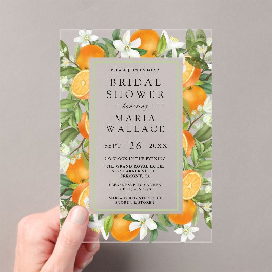 Rustic Tangerine Citrus Orange Bridal Shower Acryleinladungen (Insitu (Handheld))