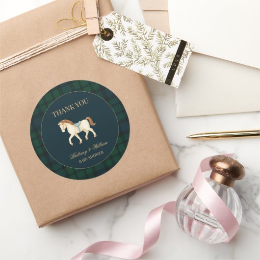 Rustic Tartan Plaid Horse Baby Shower Runder Aufkleber (Schenken)