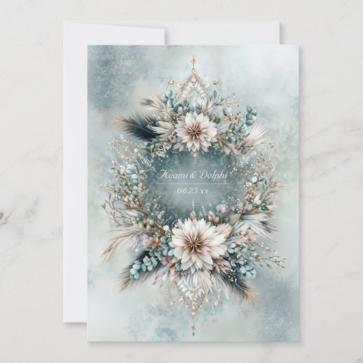 Rustic Teal Blue Feather White Floral Wedding Einladung (Vorderseite)