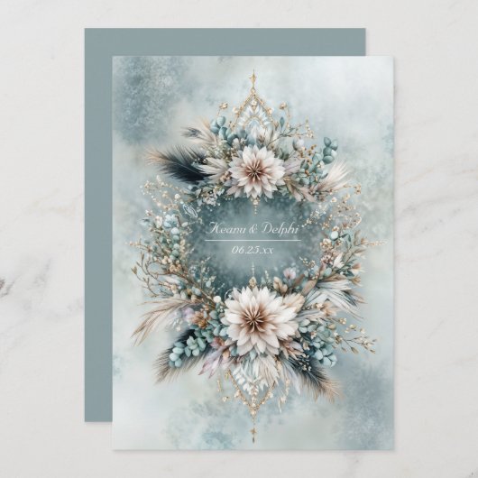 Rustic Teal Blue Feather White Floral Wedding Einladung (Vorne/Hinten)