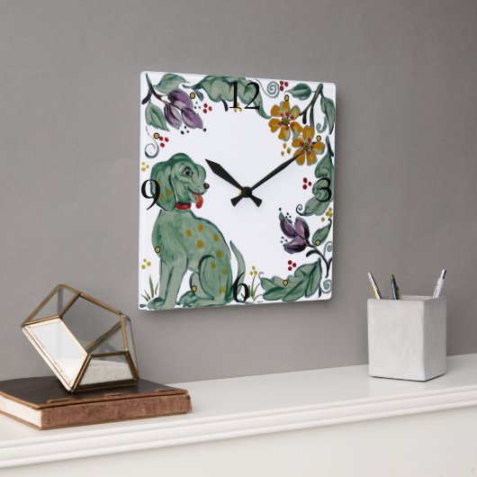 Rustic Teal Dog Puppy Floral Folk Quadratische Wanduhr (Büro)