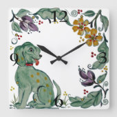 Rustic Teal Dog Puppy Floral Folk Quadratische Wanduhr (Vorderseite)