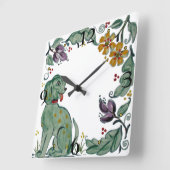 Rustic Teal Dog Puppy Floral Folk Quadratische Wanduhr (Winkel)