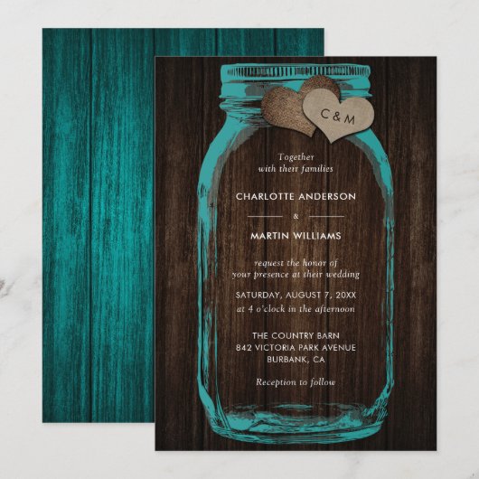 Rustic Teal Mason Jar Wood Hearts Monogram Wedding Einladung (Vorne/Hinten)