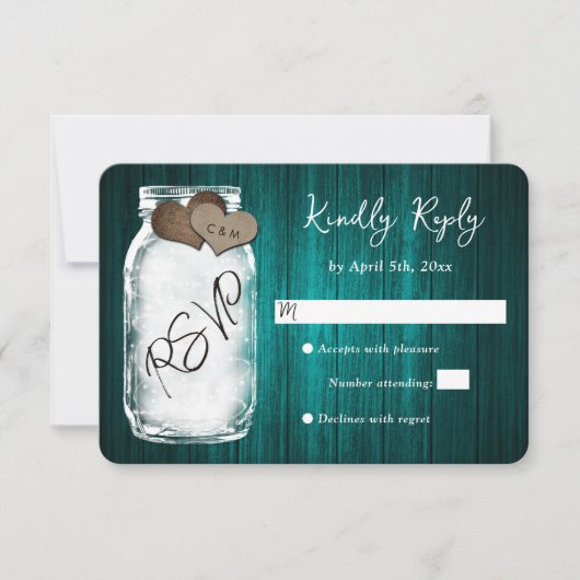 Rustic Teal Mason Jar Wood Wedding RSVP Card Karte (Vorderseite)