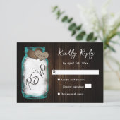 Rustic Teal Mason Jar Wood Wedding RSVP Karte (Stehend Vorderseite)