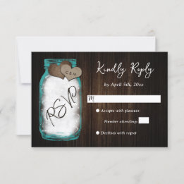 Rustic Teal Mason Jar Wood Wedding RSVP Karte