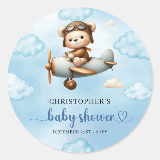 Rustic Teddy Bear Aviator Blue Brown Boy Baby Show Runder Aufkleber (Vorderseite)
