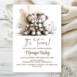 Rustic Teddy Bear Twins Baby Shower Einladung