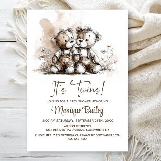 Rustic Teddy Bear Twins Baby Shower Einladung