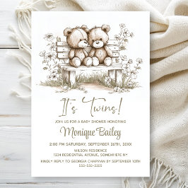 Rustic Teddy Bear Twins Baby Shower Einladung