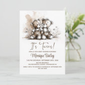 Rustic Teddy Bear Twins Baby Shower Einladung (Stehend Vorderseite)