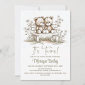Rustic Teddy Bear Twins Baby Shower Einladung (Vorderseite)