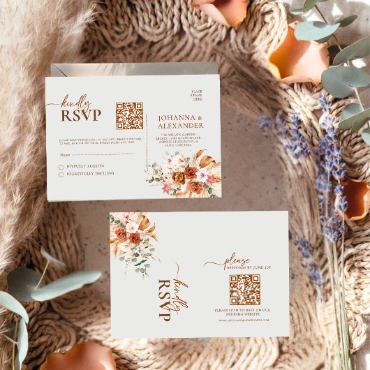 Rustic Terracotta & Blush Floral QR Code RSVP Card Karte