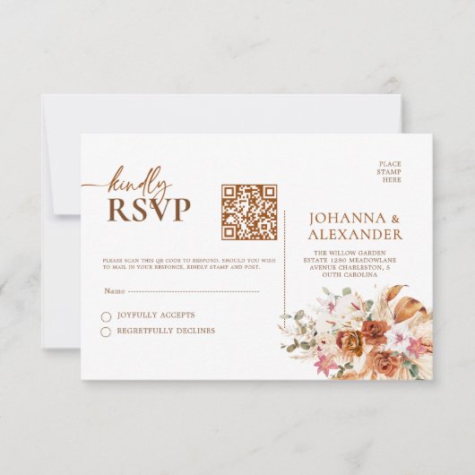 Rustic Terracotta & Blush Floral QR Code RSVP Card Karte (Vorderseite)