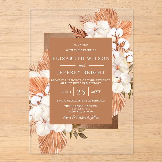 Rustic Terracotta Boho Pampas Orchids Wedding Acryleinladungen (Vorderseite)