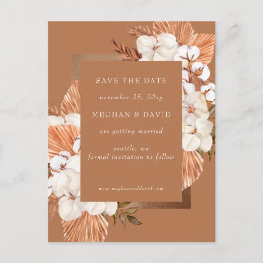 Rustic Terracotta Boho Pampas Orchids Wedding Ankündigungspostkarte (Vorderseite)