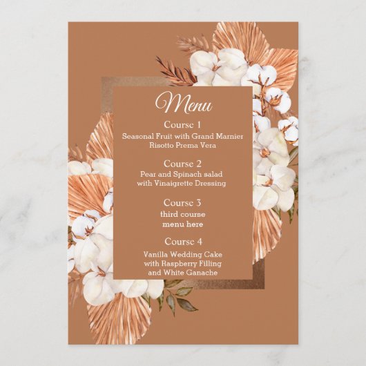Rustic Terracotta Boho Pampas Orchids Wedding Menükarte (Vorderseite)