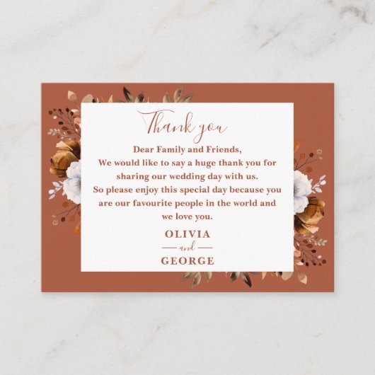 Rustic Terracotta Fall Floral Wedding Vielen Dank Platzkarte (Vorderseite)