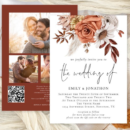 Rustic Terracotta Fall Florals 3 Fotos QR Hochzeit Einladung