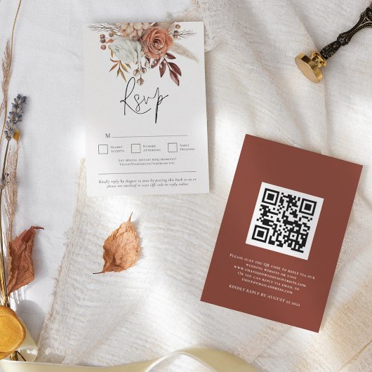 Rustic Terracotta Fall Florals QR Code Wedding RSVP Karte