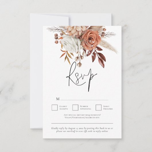 Rustic Terracotta Fall Florals QR Code Wedding RSVP Karte (Vorderseite)