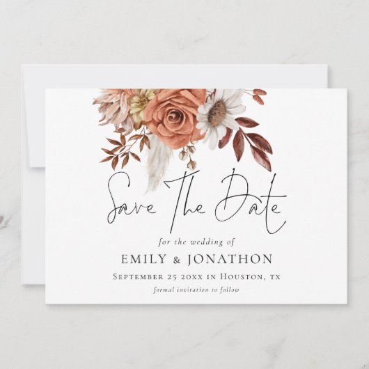 Rustic Terracotta Fall Florals QR Code Wedding Save The Date (Vorderseite)