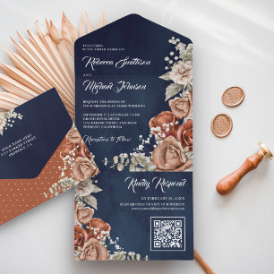Rustic Terracotta Floral Navy Blue QR Code Hochzei All In One Einladung