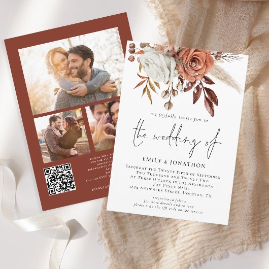 Rustic Terracotta Florals 3 Fotos QR Code Wedding Einladung
