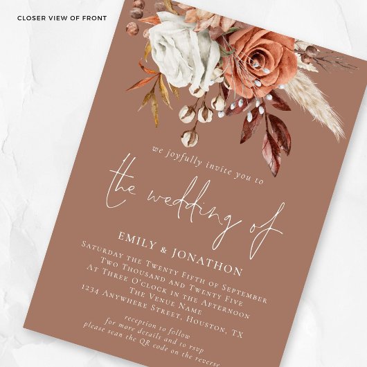 Rustic Terracotta Florals QR Code Brown Wedding Einladung