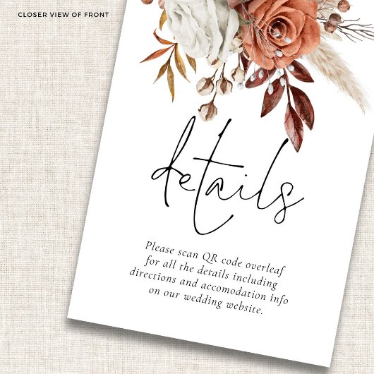 Rustic Terracotta Florals QR Code Hochzeitsdetails Begleitkarte
