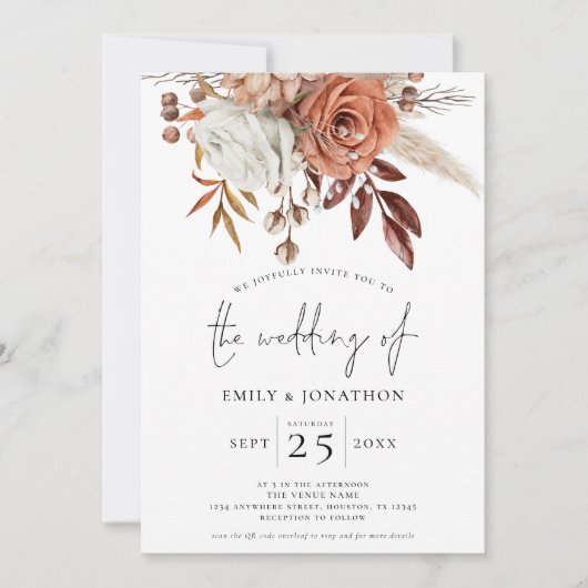 Rustic Terracotta Florals QR Code Wedding Einladung (Vorderseite)