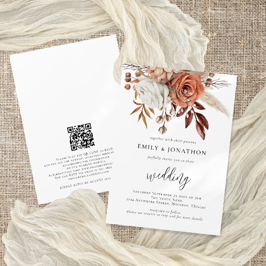 Rustic Terracotta Florals QR Code Wedding Einladung