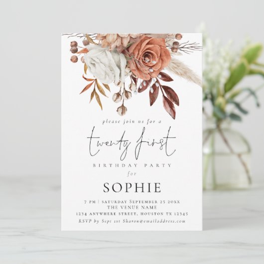 Rustic Terracotta Florals Script 21. Party Einladung (Stehend Vorderseite)