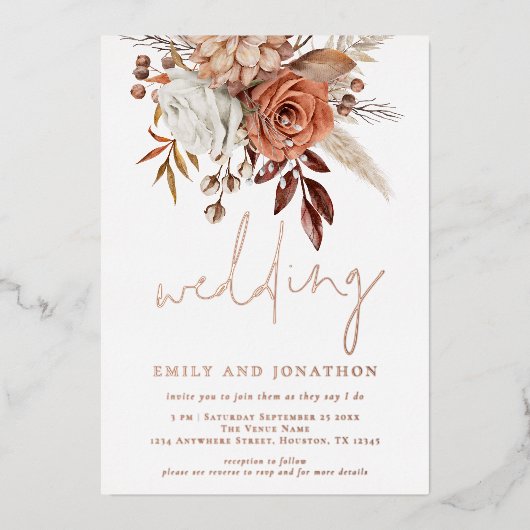 Rustic Terracotta Florals Script Wedding Real Foil Folieneinladung (Vorderseite)