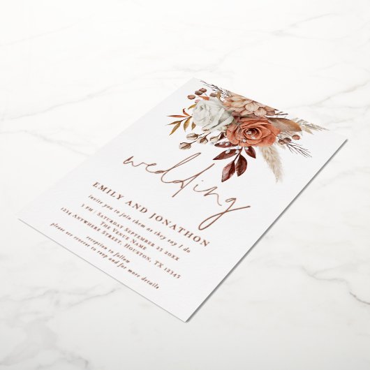 Rustic Terracotta Florals Script Wedding Real Foil Folieneinladung (Gedreht)