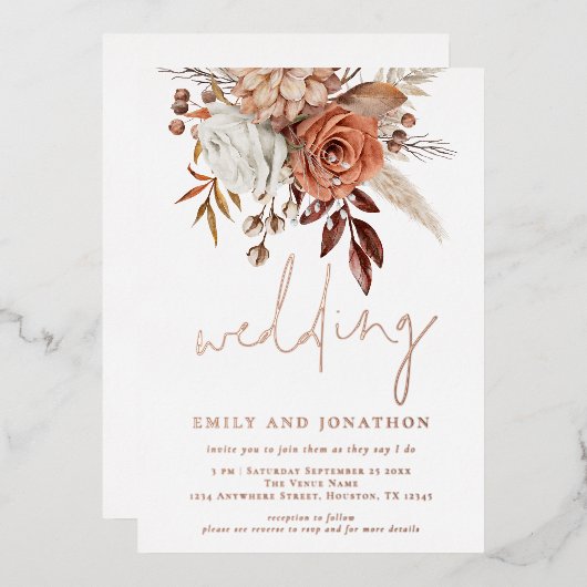 Rustic Terracotta Florals Script Wedding Real Foil Folieneinladung (Vorderseite/Rückseite)