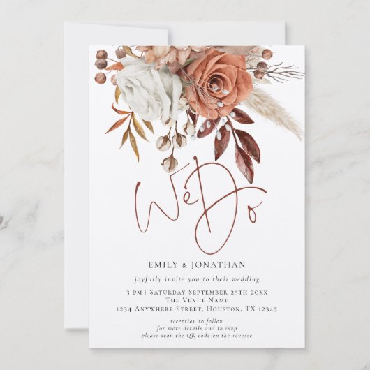 Rustic Terracotta Florals We Do QR Code Wedding Einladung (Vorderseite)