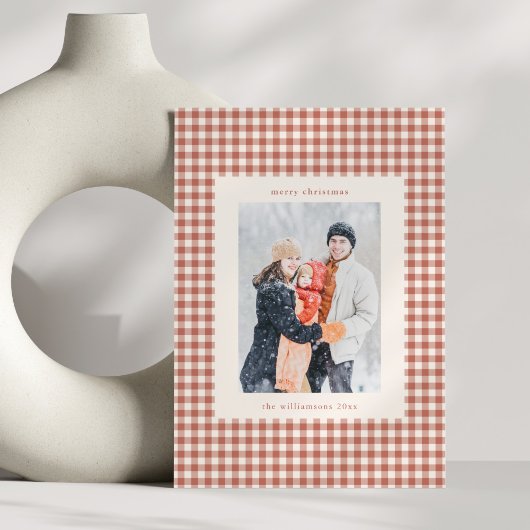 Rustic Terracotta Gingham Plaid Christmas Photo Feiertagskarte