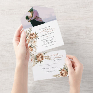 Rustic Terracotta Pampas Floral Photo Wedding All In One Einladung