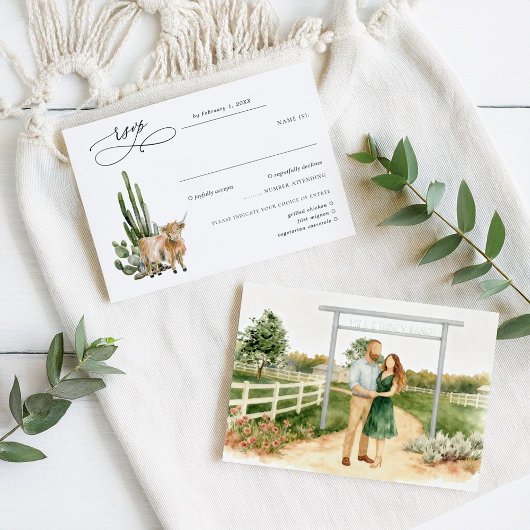 Rustic Texas Cactus & Cow Wedding RSVP Karte
