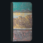 Rustic Texture With Flaking Paint On Rusty Metal Samsung Galaxy S5 Geldbeutel Hülle<br><div class="desc">Eine Telefontasche mit cool aussehender rustikaler Textur als Hintergrund. Horizontale Streifen aus roter gelber und grüner Farbe,  die eine rostrote Wand aus Metall abziehen und abziehen. Sieht alt aus,  verwittert und verblasst.</div>