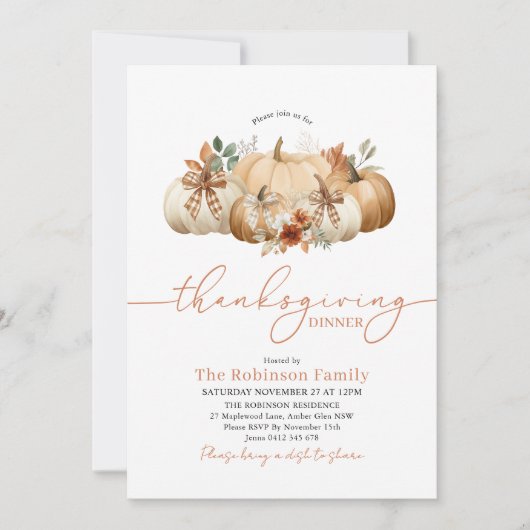 Rustic Thanksgiving Dinner Pumpkin Bows Einladung (Vorderseite)