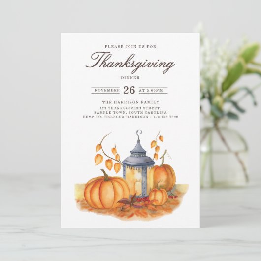 Rustic Thanksgiving Dinner Pumpkin Invitation Einladung (Stehend Vorderseite)